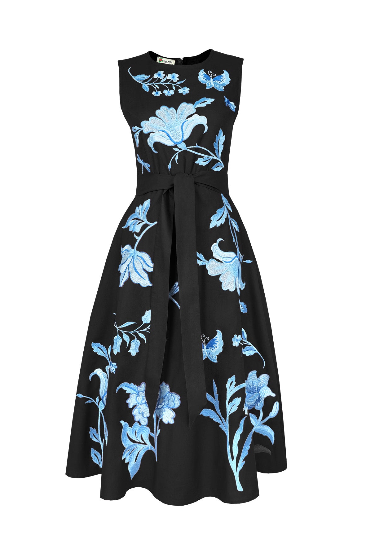 Fanm Mon Gera Dress in black featuring blue floral and botanical embroidery, embroidered butterflies, a sleeveless bodice, and self-tie belt.