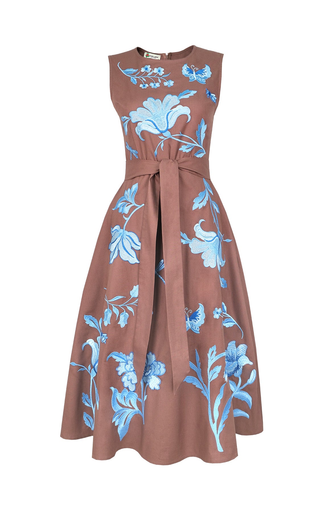 Fanm Mon Gera Dress featuring blue floral, butterfly, and dragonfly embroidery with a sleeveless bodice, self-tie waist, and full midi skirt.
