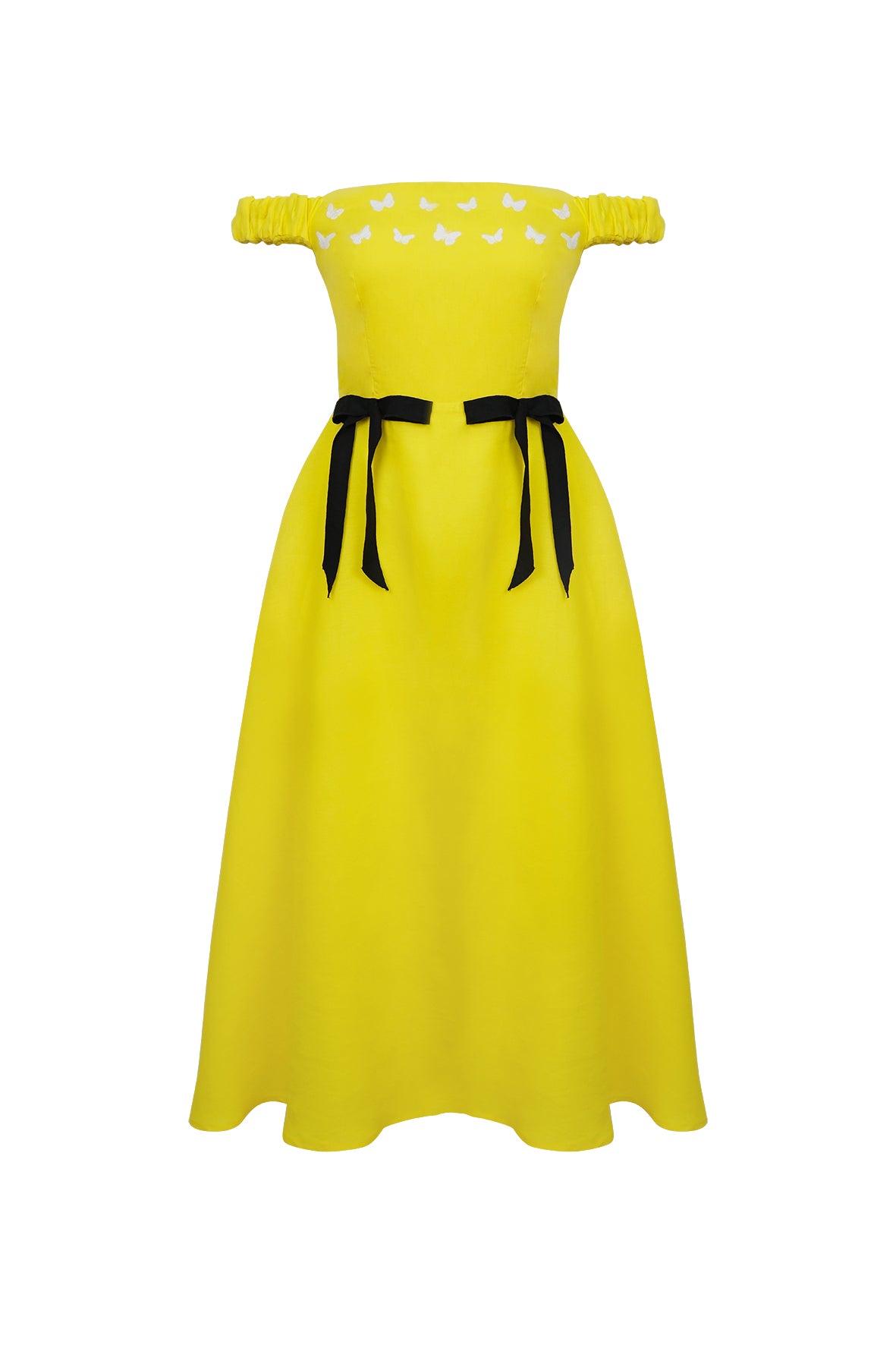 Yellow off-shoulder dress with black belt on a white background. Fanm Mon Gulderen Dress.