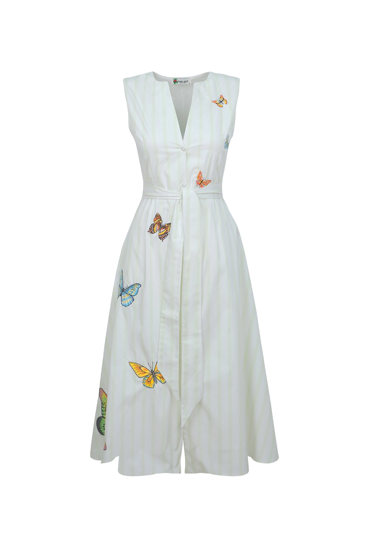 White and green striped button front sleeveless dress with butterfly embroidery on a white background. Fanm Mon Gunay Dress. 