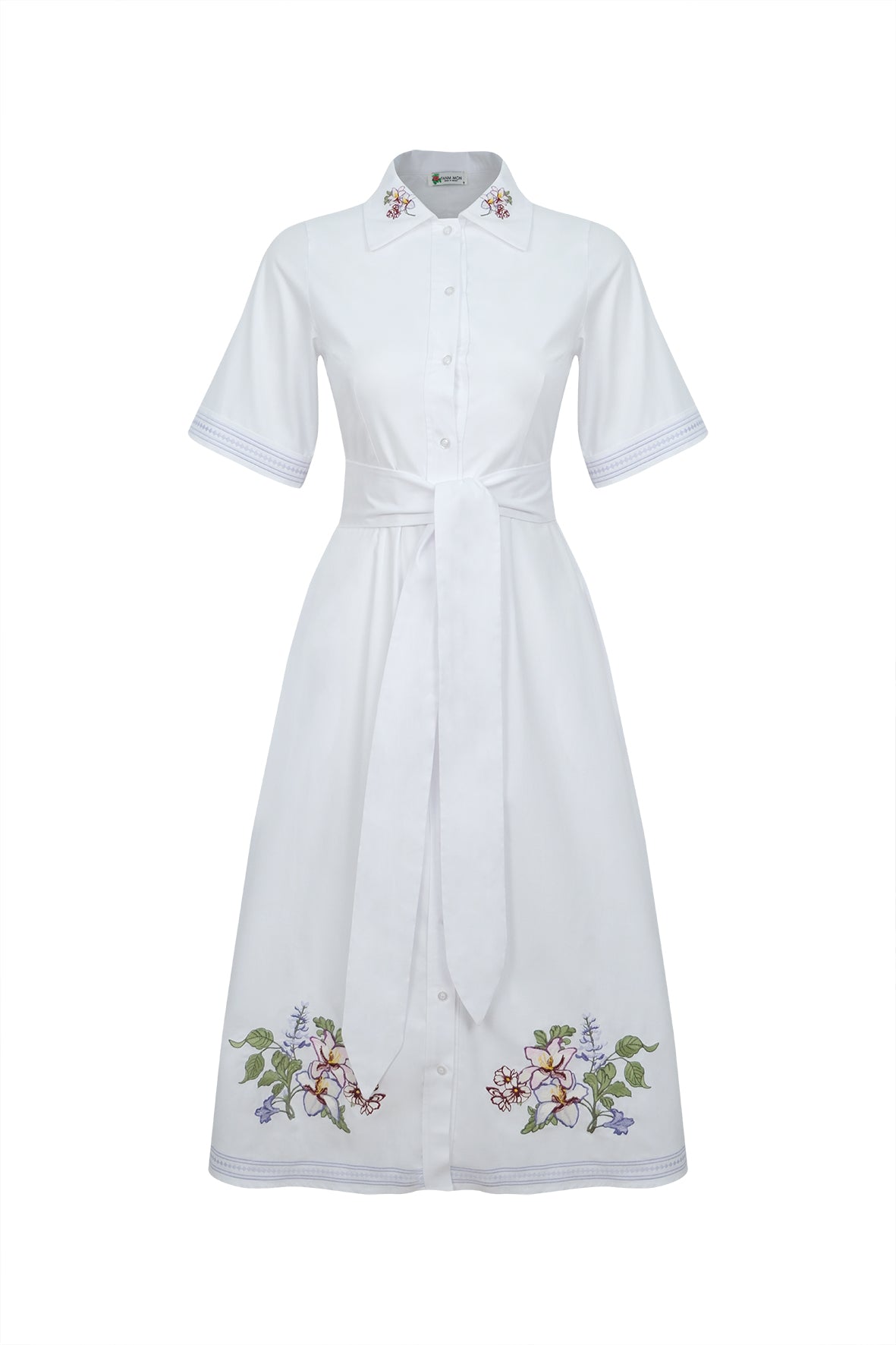 Fanm Mon White shirt dress with floral embroidery on a white background.