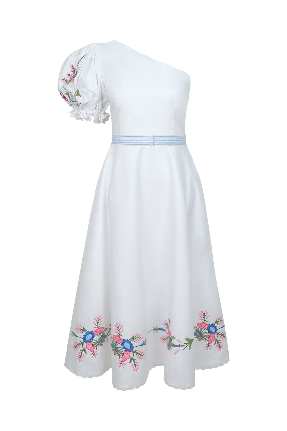 Fanm Mon White one-shoulder dress with floral embroidery and a matching waist belt on a white background.