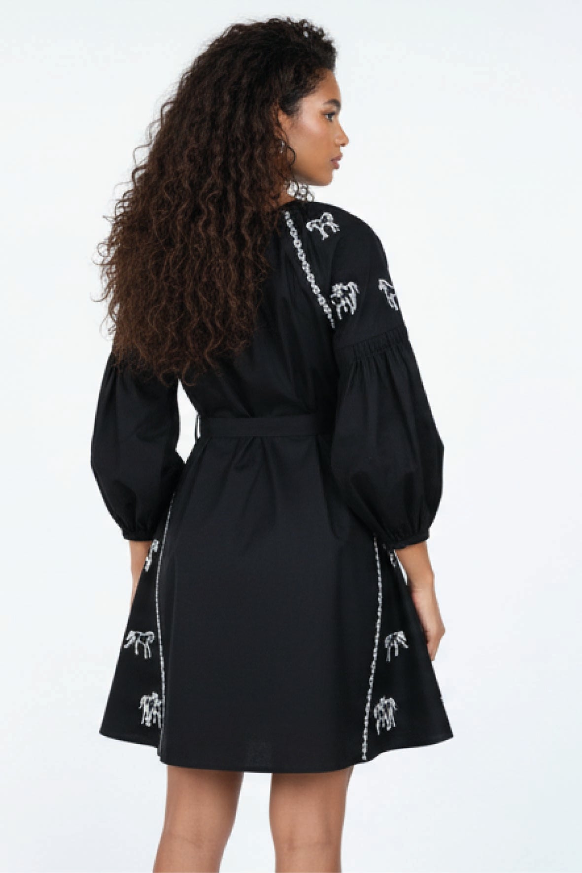 Back view of the Fanm Mon Handan Dress featuring three-quarter balloon sleeves, a self-tie waist, and equestrian-inspired embroidery along the shoulders and skirt.