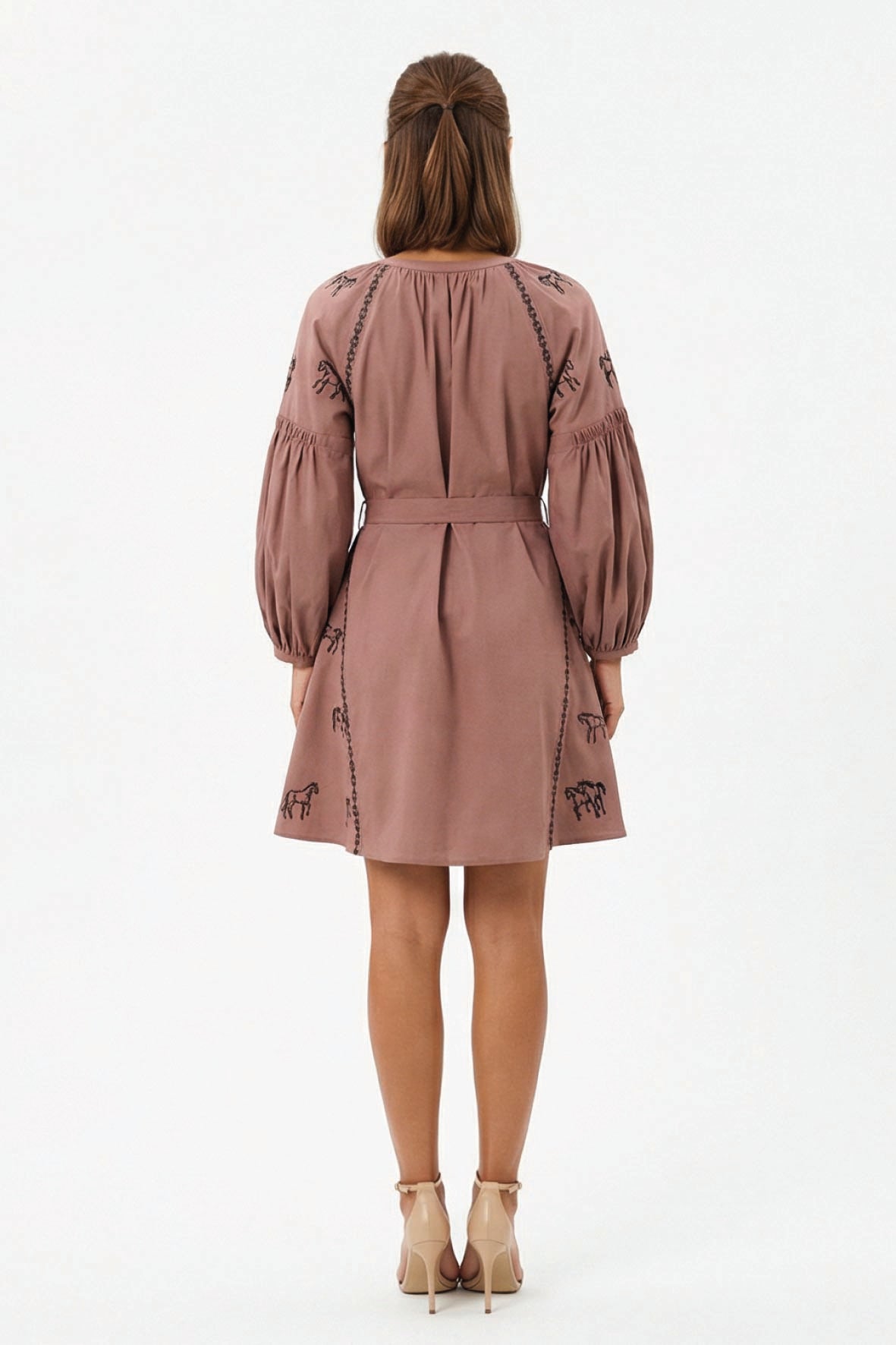 Back view of the Fanm Mon Hayal Dress featuring equestrian-inspired embroidery, voluminous sleeves, and a self-tie waist belt.