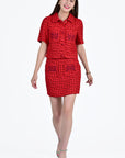 2 Piece Boucle Hilal Set in Cherry, Featuring a button front Jacket Top and Mini Skirt.