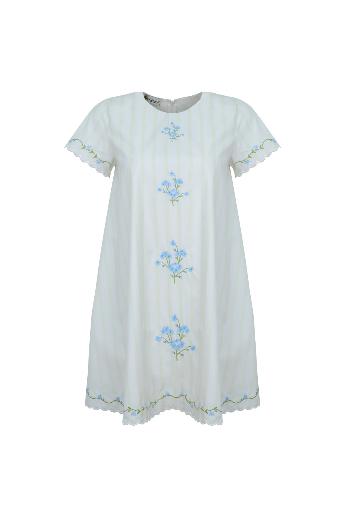 White and green striped dress with floral embroidery on a white background. Famn Mon Jale Dress.