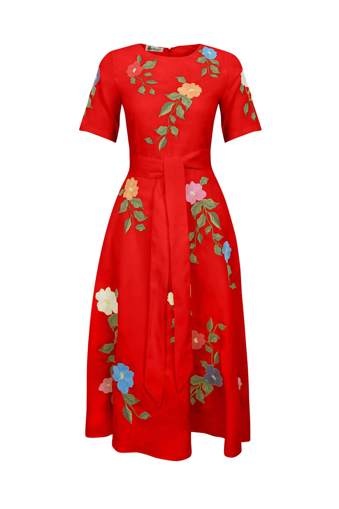 Jess Red Dress with Floral Embroidery on White Background
