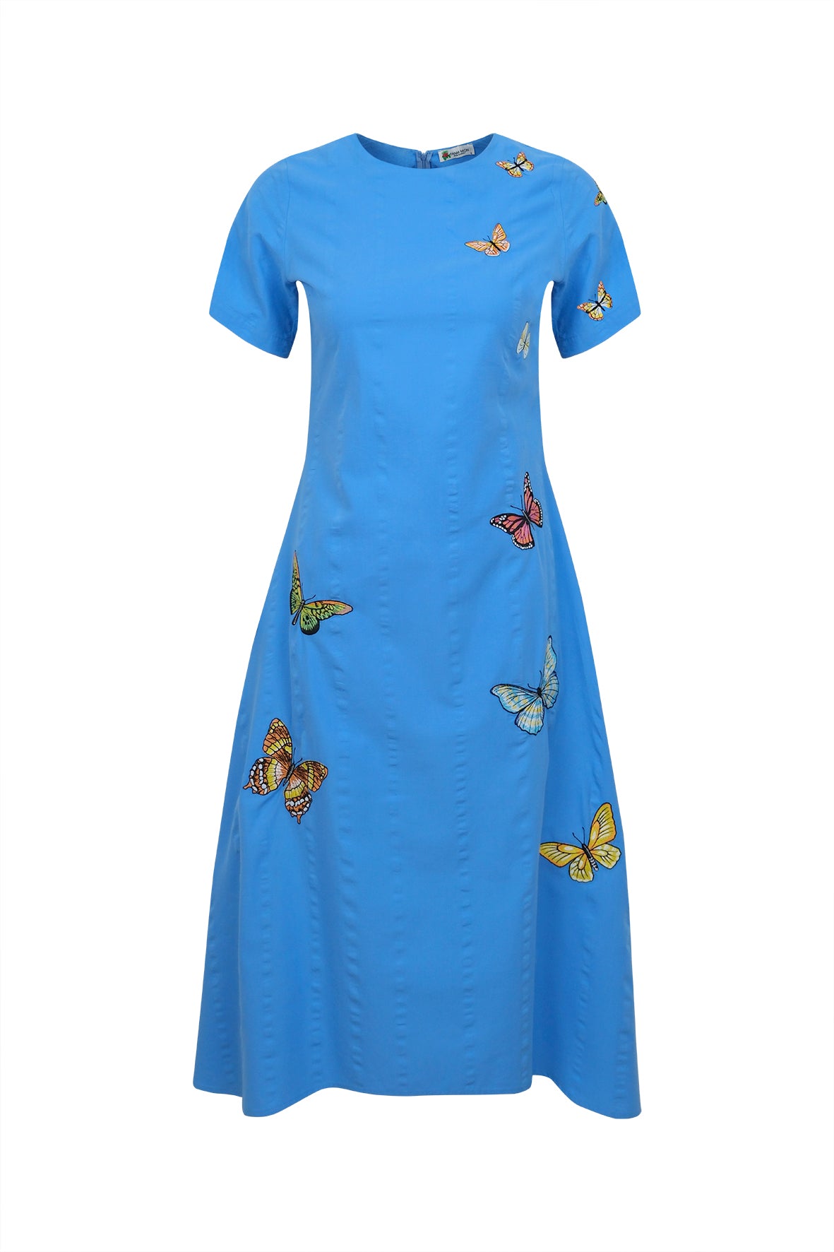 Fanm Mon Karasu Colbalt Blue dress with butterfly patterns on a white background