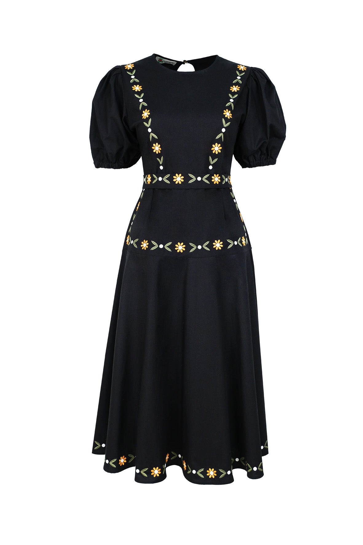 Fanm Mon Lesley Dress featuring hand-embroidered daisy vines, a classic crew neckline, puff short sleeves, a fitted bodice, and an elegant A-line midi silhouette.