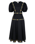Fanm Mon Lesley Dress featuring hand-embroidered daisy vines, a classic crew neckline, puff short sleeves, a fitted bodice, and an elegant A-line midi silhouette.