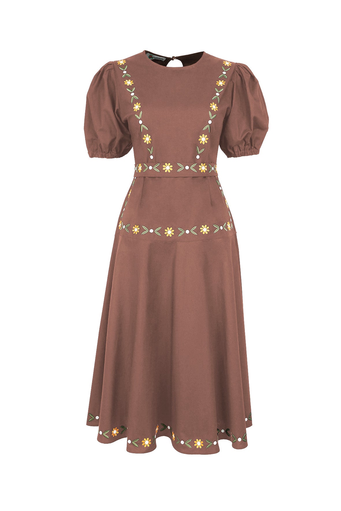 Fanm Mon Lesley Dress featuring hand-embroidered daisy vines, a classic crew neckline, puff short sleeves, a fitted bodice, and an elegant A-line midi silhouette in espresso brown.