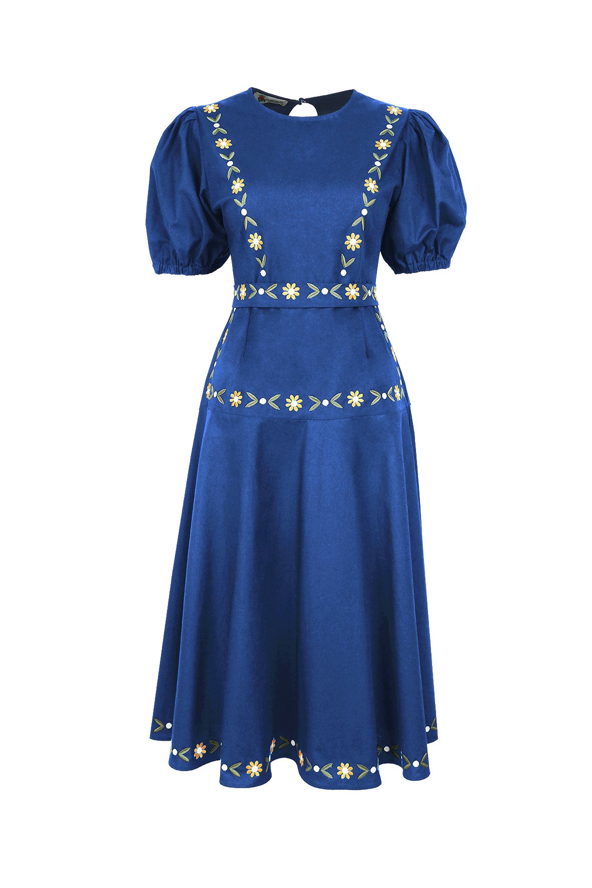 Fanm Mon Lesley Dress featuring hand-embroidered daisy vines, a classic crew neckline, puff short sleeves, a fitted bodice, and an elegant A-line midi silhouette in indigo blue.