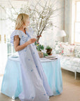 WHITE DAISY BLUE SCALLOPED ROUND TABLECOTH