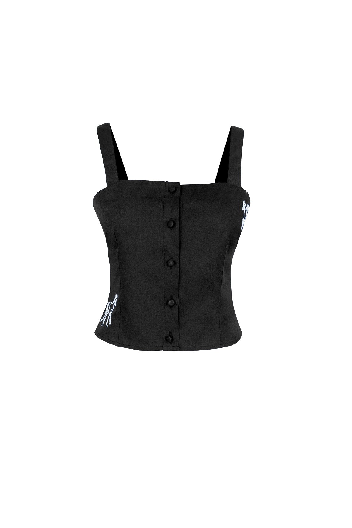 Fanm Mon May horse embroidered top in black with square neckline and covered buttons