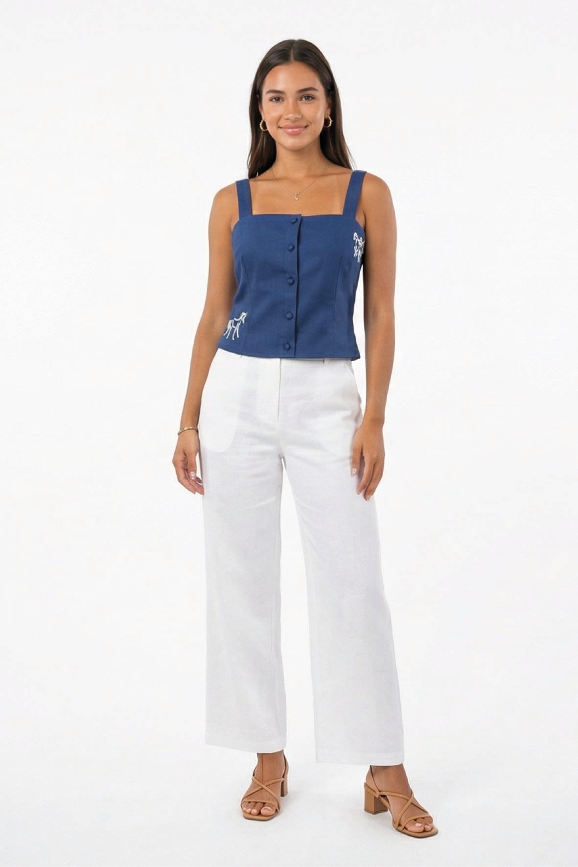 Fanm Mon May horse embroidered top in deep blue with square neckline and covered buttons