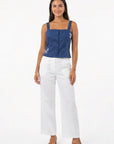 Fanm Mon May horse embroidered top in deep blue with square neckline and covered buttons