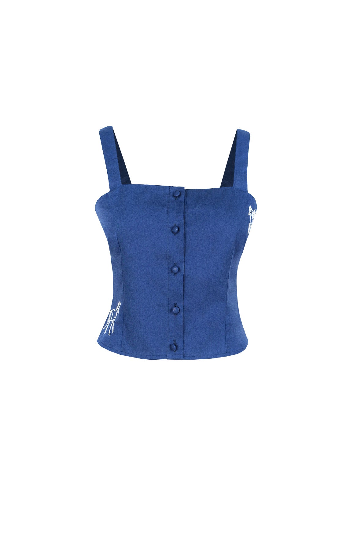 Fanm Mon May horse embroidered top in deep blue with contrast horse embroidery and covered buttons