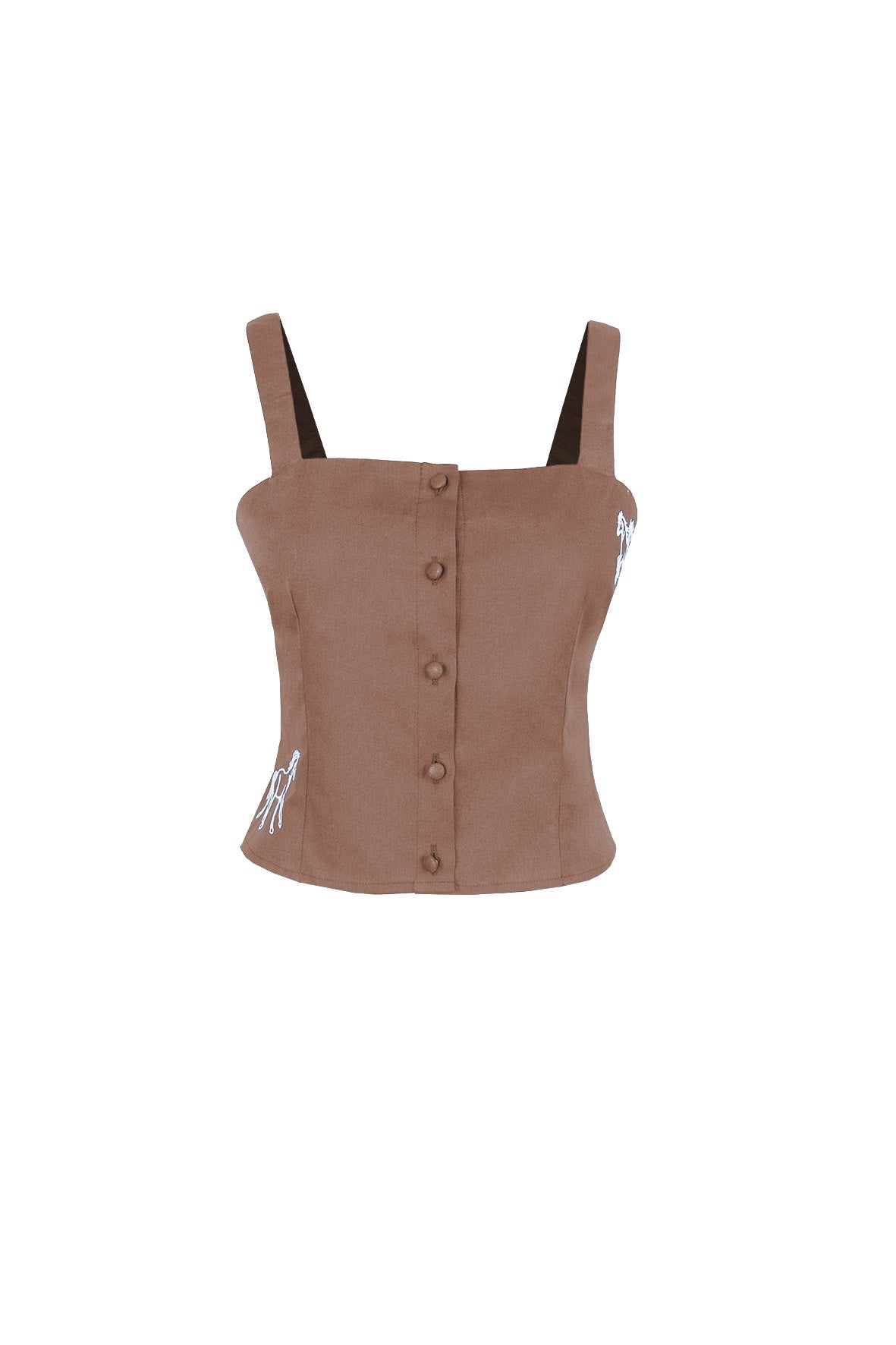 Fanm Mon May horse embroidered top in espresso with contrast horse embroidery and covered buttons