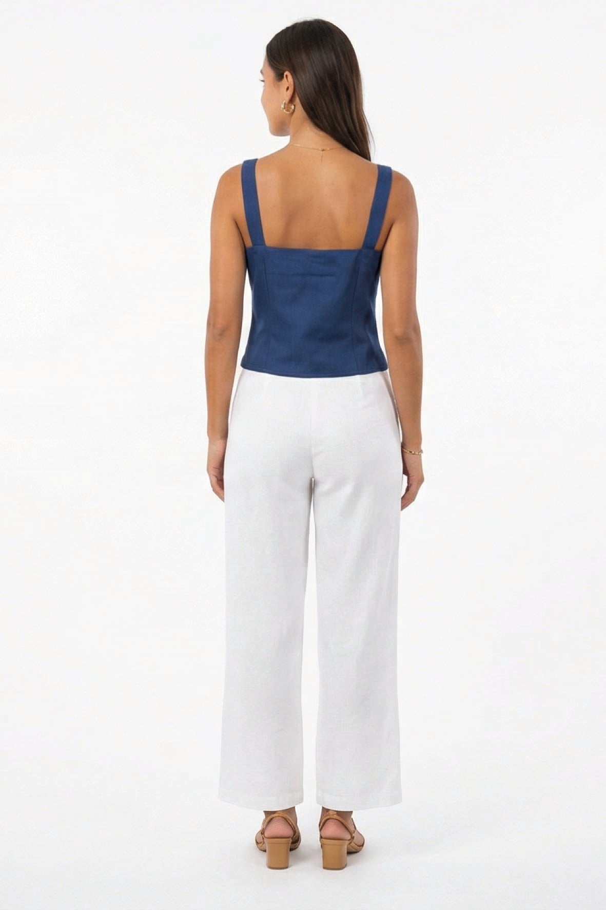 Back view of Fanm Mon May Top in deep blue with wide straps and fitted silhouette