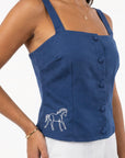 Fanm Mon May Top in deep blue with contrast horse embroidery and fabric-covered buttons
