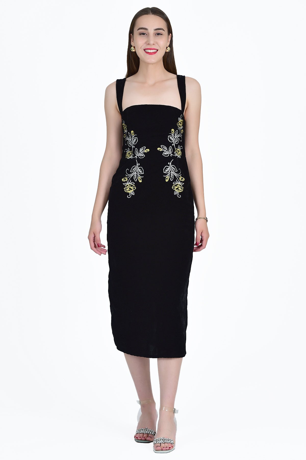 Meltem Velvet Midi Dress with White and Gold Rose Floral Embroidery Front View