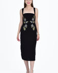 Meltem Velvet Midi Dress with White and Gold Rose Floral Embroidery Front View