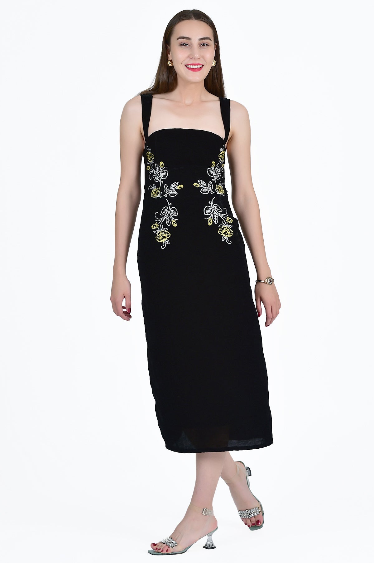 Meltem Velvet Midi Dress with White and Gold Rose Floral Embroidery