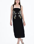 Meltem Velvet Midi Dress with White and Gold Rose Floral Embroidery