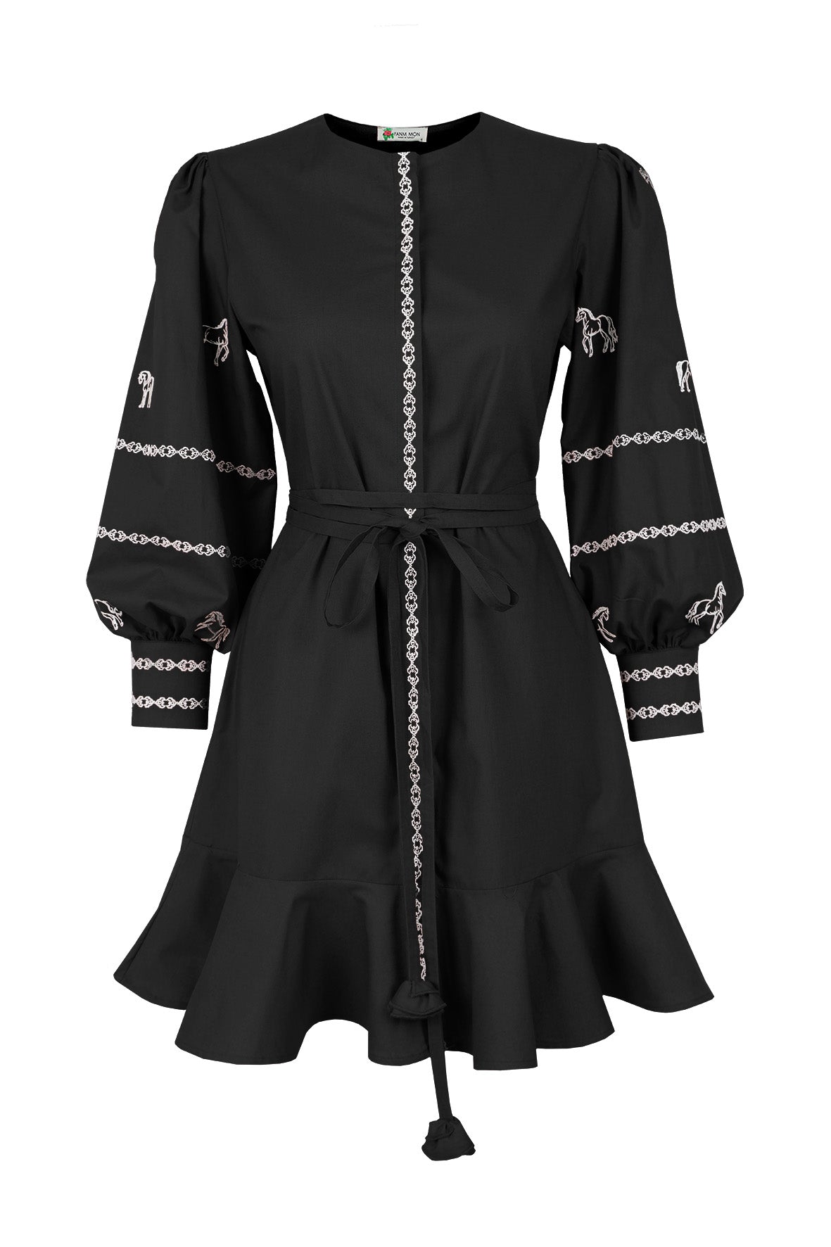 Fanm Mon Mel Dress back view featuring voluminous embroidered sleeves, a self-tie waist and ruffle hem