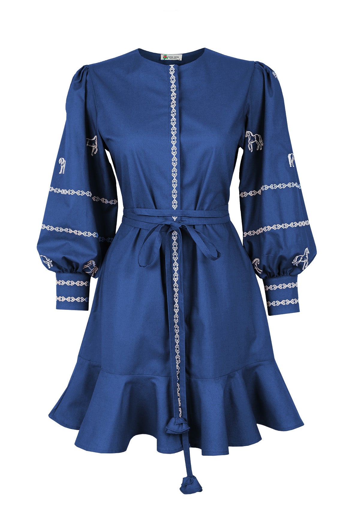Fanm Mon Mel horse embroidered mini dress in deep blue with voluminous sleeves, tie waist and ruffle hem
