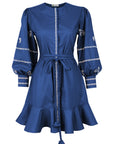 Fanm Mon Mel horse embroidered mini dress in deep blue with voluminous sleeves, tie waist and ruffle hem
