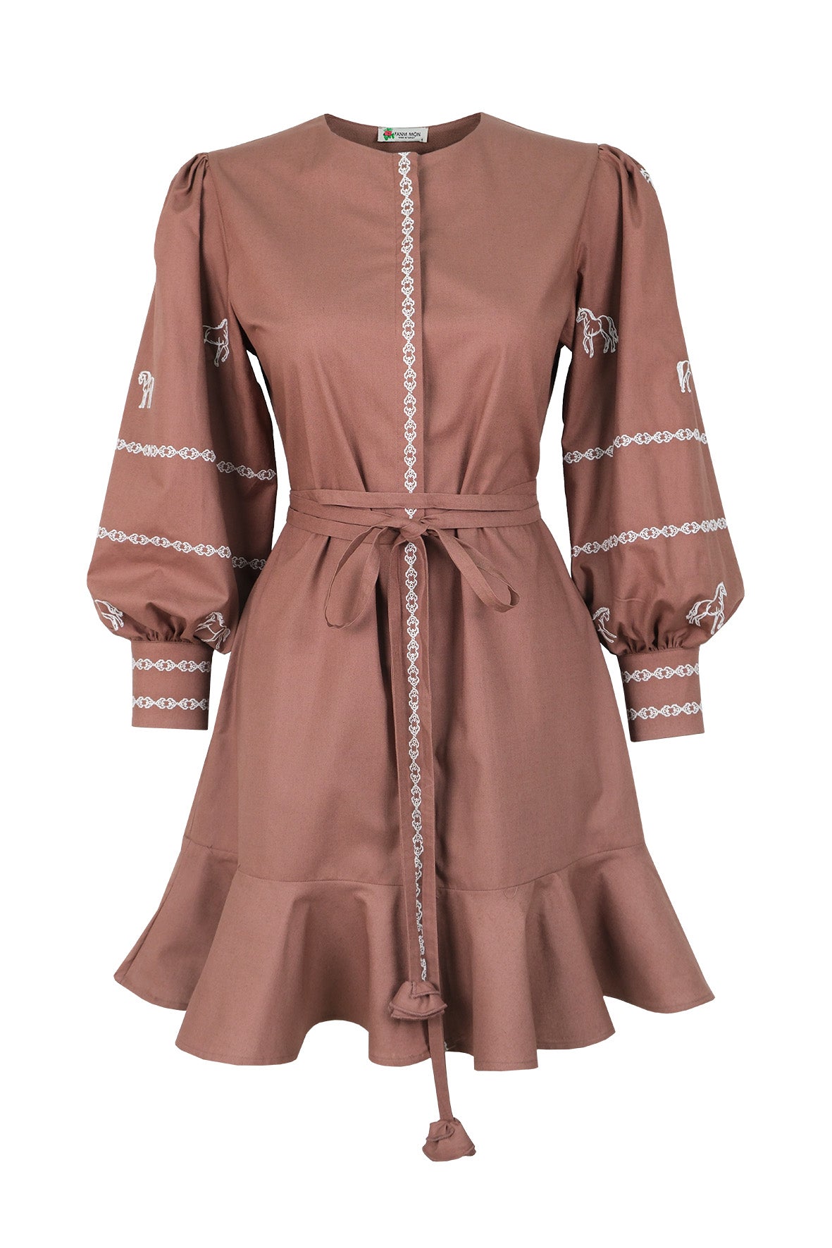 Fanm Mon Mel horse embroidered mini dress in espresso with voluminous sleeves, tie waist and ruffle hem