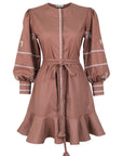 Fanm Mon Mel horse embroidered mini dress in espresso with voluminous sleeves, tie waist and ruffle hem