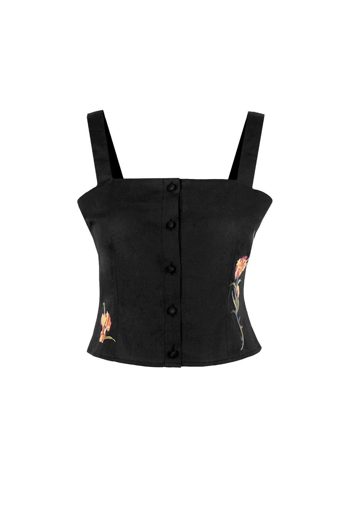Fanm Mon Merva floral embroidered top in black with covered buttons and botanical embroidery
