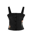 Fanm Mon Merva floral embroidered top in black with covered buttons and botanical embroidery