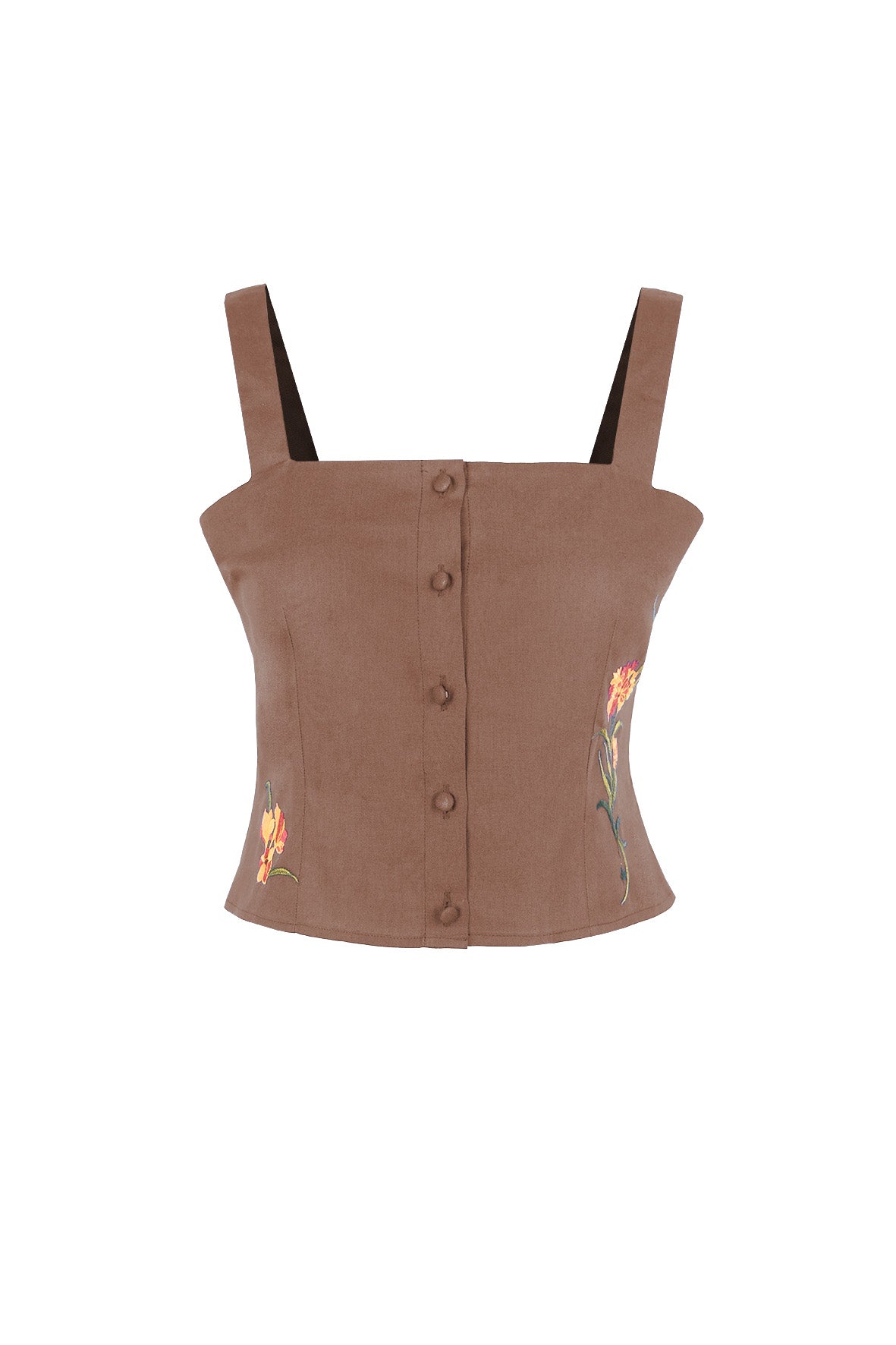 Fanm Mon Merva floral embroidered top in espresso with covered buttons and botanical embroidery