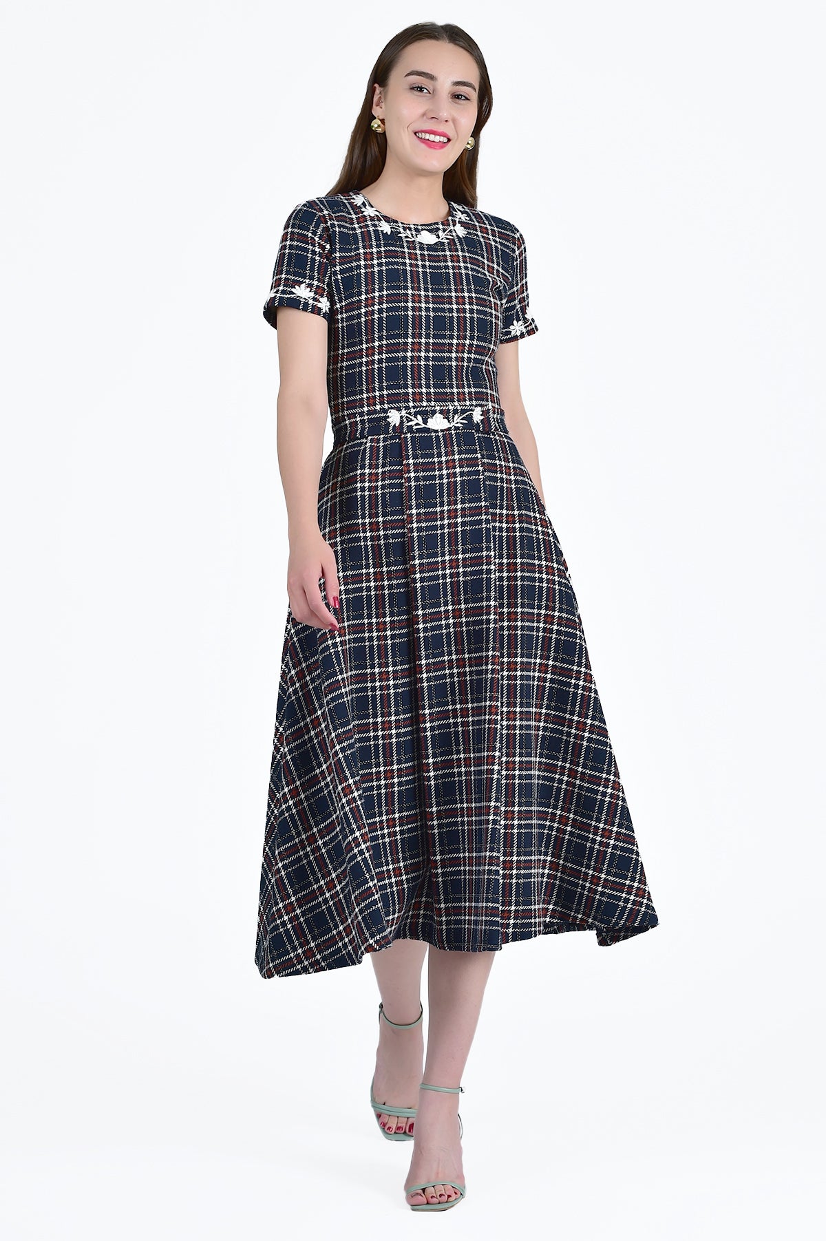 Fronti View of the Mihriban Dress in Navy Tartan Tweed with White Floral Embroidery Detail