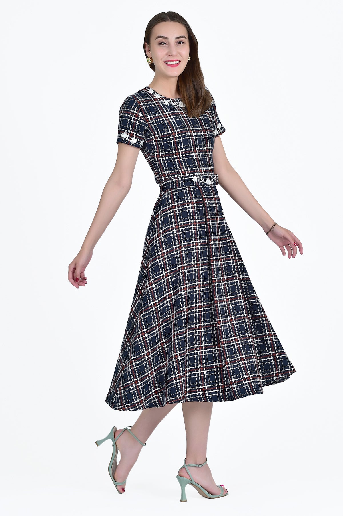 Mihriban Dress in Navy Tartan Tweed with White Floral Embroidery Detail