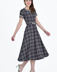 Mihriban Dress in Navy Tartan Tweed with White Floral Embroidery Detail