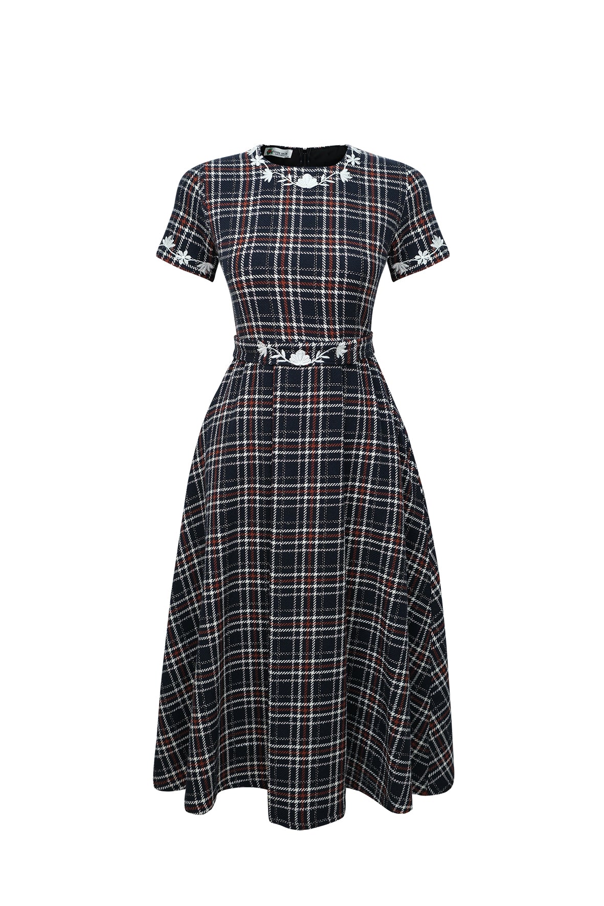 MIHRIBAN DRESS FROM ARRAY COLELCTION IN NAVY TARTAN TWEED 