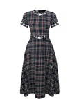 MIHRIBAN DRESS FROM ARRAY COLELCTION IN NAVY TARTAN TWEED 