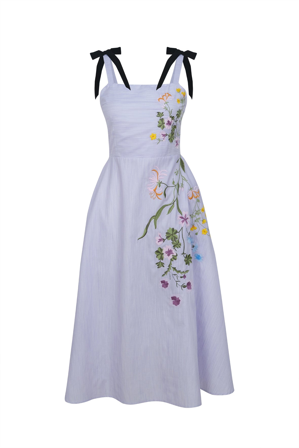 Famn Mon Mimoza Lilac dress with floral embroidery and black bow straps on a white background