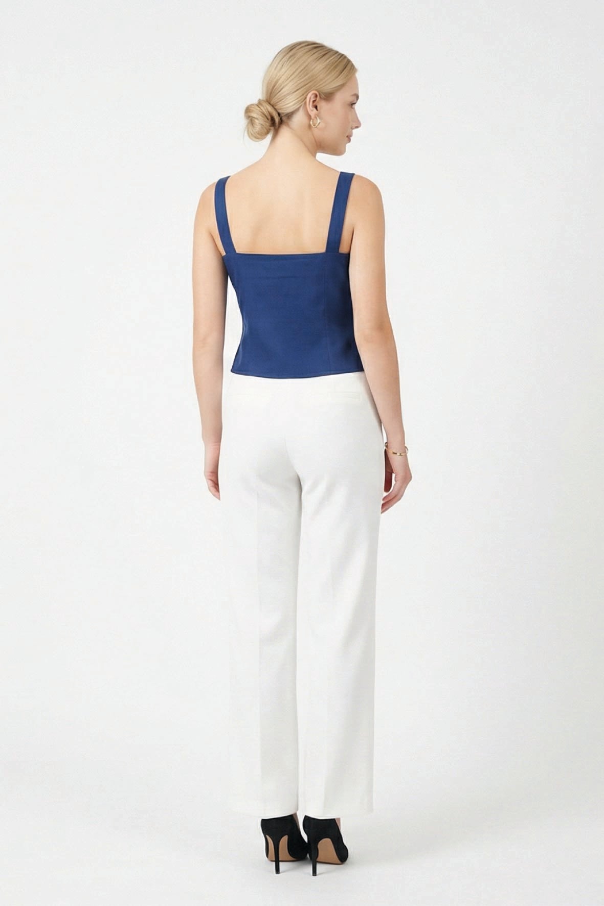 Back view of Fanm Mon Merva Top in deep blue with wide straps and fitted silhouette