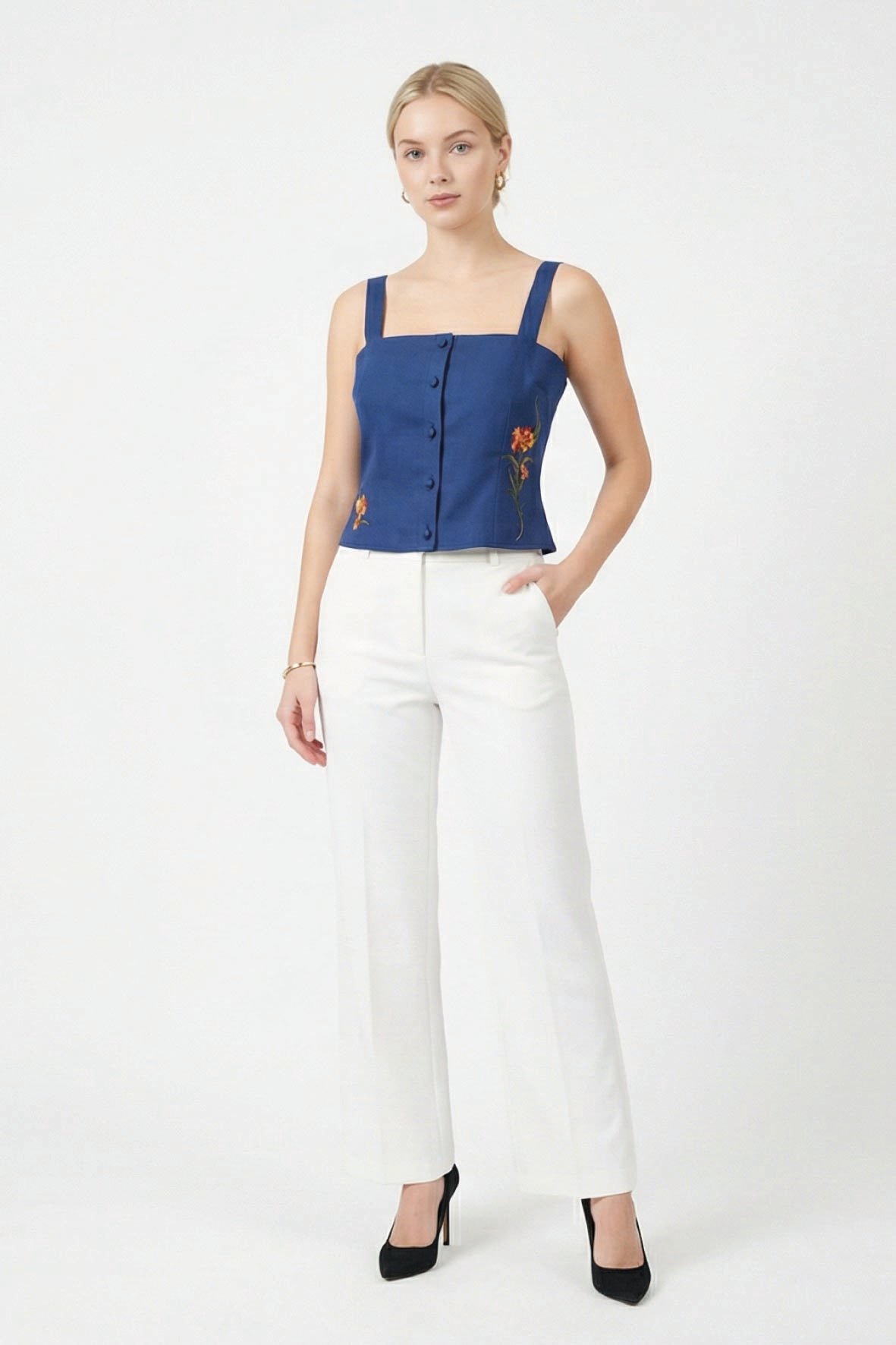 Fanm Mon Merva floral embroidered top in deep blue with square neckline and covered buttons