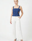 Fanm Mon Merva floral embroidered top in deep blue with square neckline and covered buttons