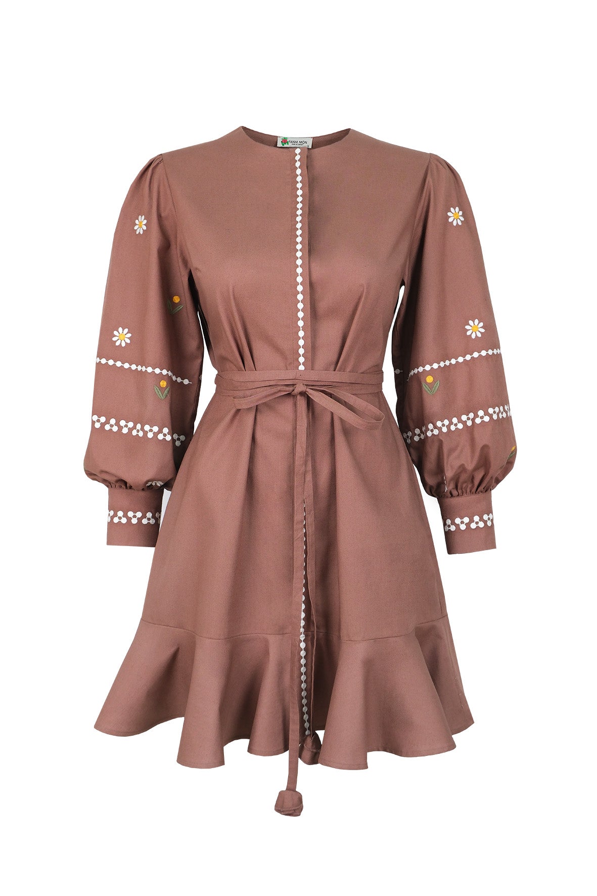 Fanm Mon Noen Dress featuring floral embroidered sleeves, white embroidered trim, braided tie waist and ruffled mini skirt