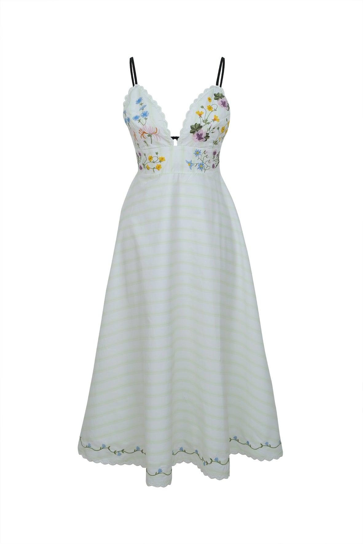 Fanm Mon Nur Dress with white and green stripes and floral embroidery. 