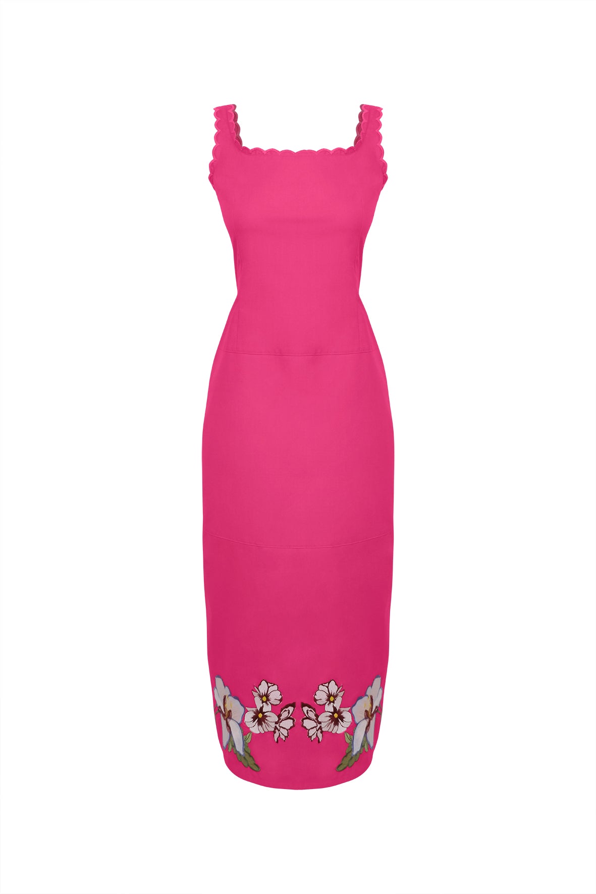 Fanm Mon Nuran Dress. Pink Dress with Scalloped details and floral embroidery. 