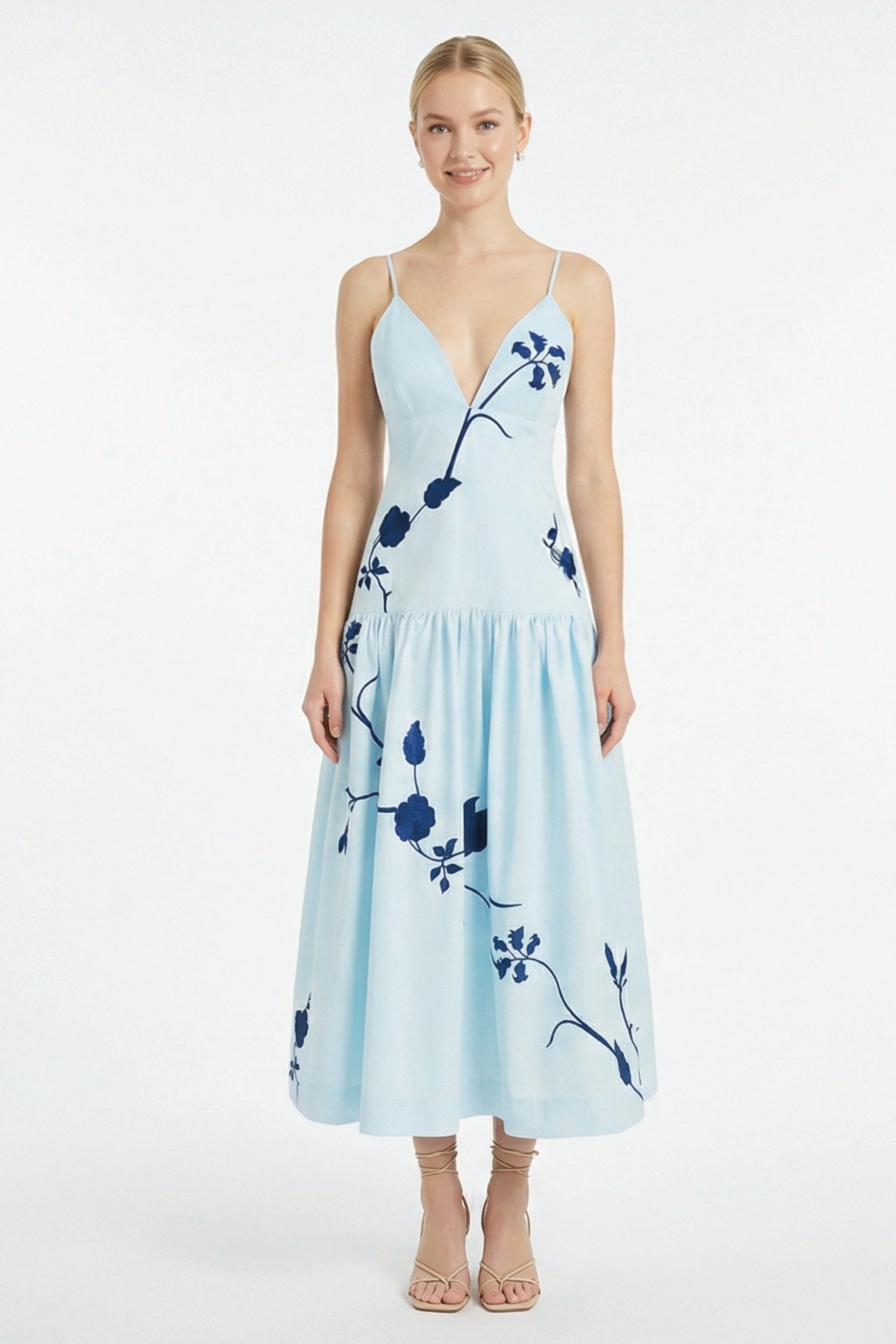 Paola Dress | Embroidered V-Neck Midi Dress