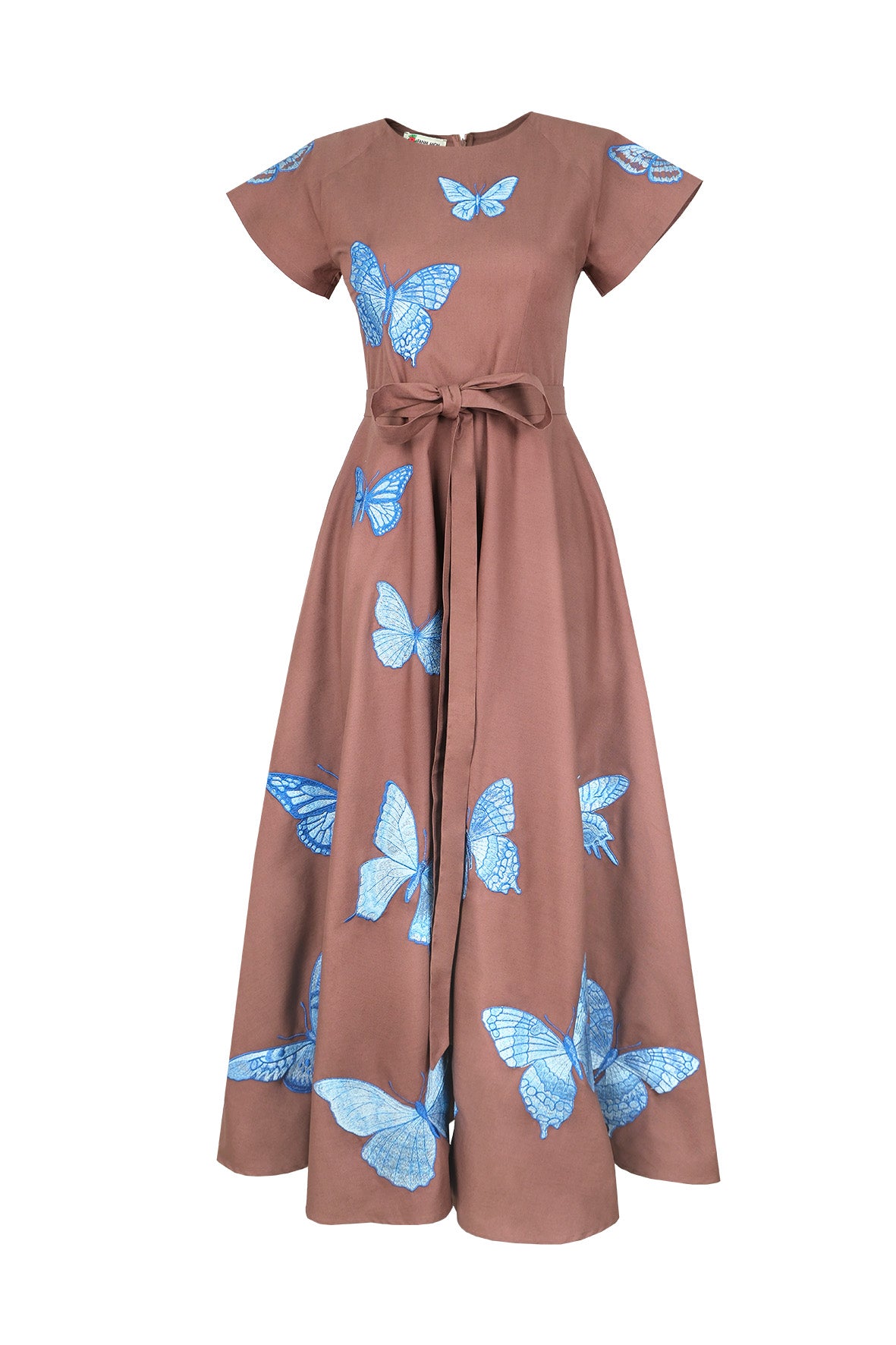 Fanm Mon Pulse Dress featuring intricate blue butterfly embroidery, short flutter sleeves, a self-tie waist and A-line midi silhouette.